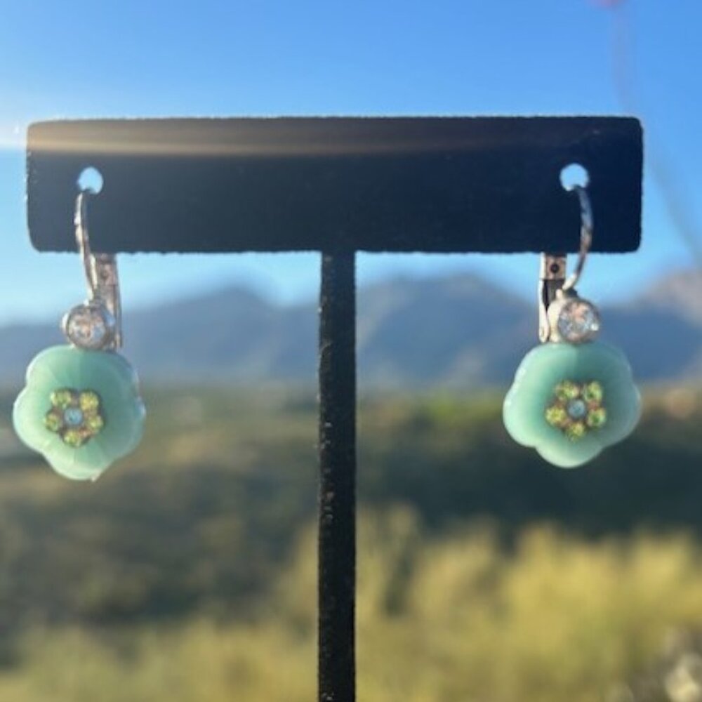 BOHM NYC Designer Blue Flower Green Rhinestone EARRINGS